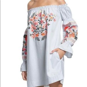 Free People Fleur du Jour Boho Embroidered Off the Shoulder Peasant Style Dress